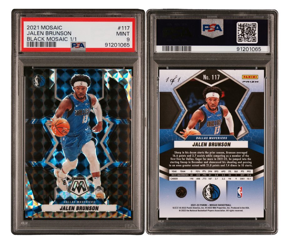 A 2021-22 Panini Mosaic Jalen Brunson Black Mosaic 1/1 in a PSA 9 slab, listed on House of Stox